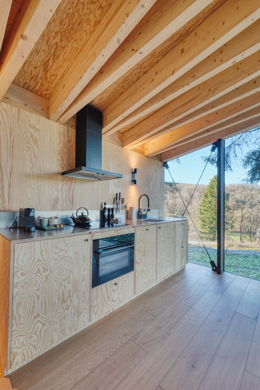 cabin kitchen with panoramic view